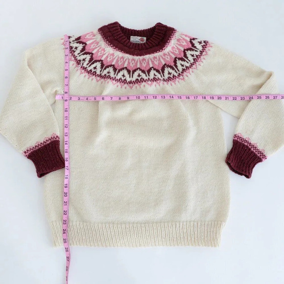 Vintage Handmade Grandma Cream Knit Pink Fair Isle Icelandic Fisherman Sweater M - Picture 4 of 13